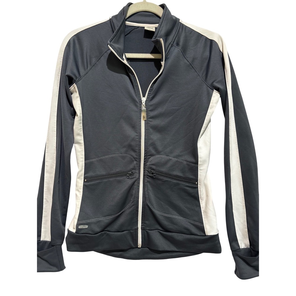 Alo Yoga‎ CoolFit Track Jacket Gray white Full Zip Thumbholes Womens sz S active